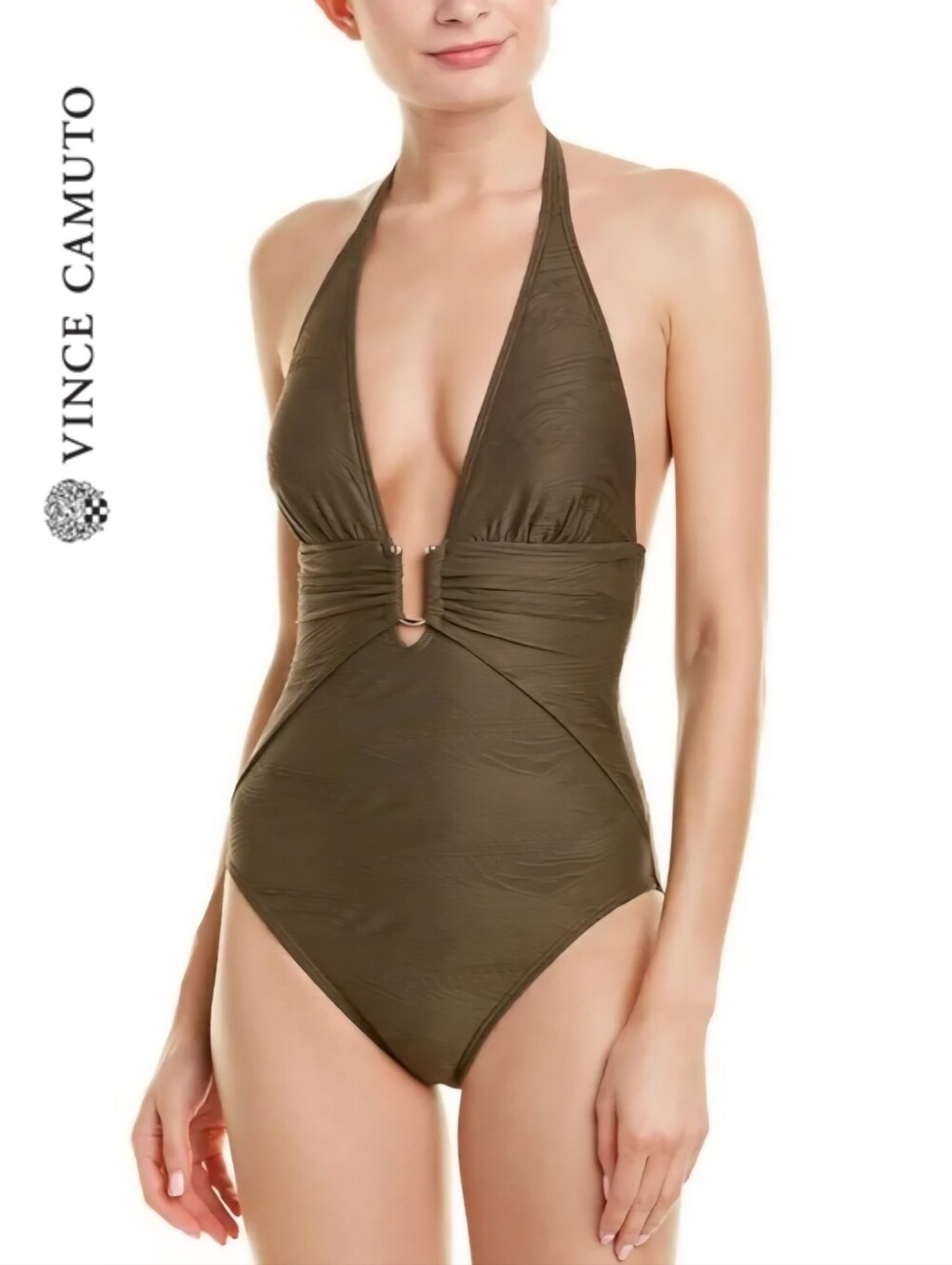 Sz S Vince Camuto Pacific Wave Plunging Textured Olive One-Piece Halter Swimsuit